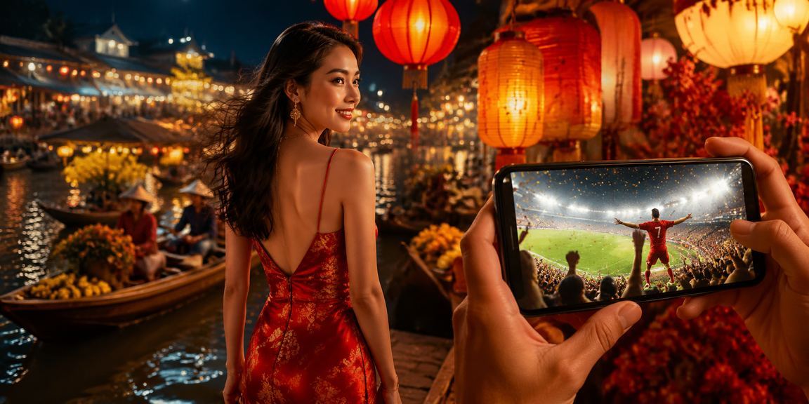 Người dùng tại chợ đêm Cần Thơ sử dụng điện thoại trải nghiệm casino trực tuyến trong không khí nhộn nhịp
